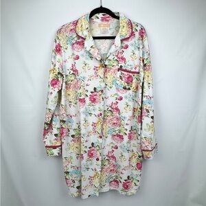 La Cera Pink Yellow English Garden Floral Print Long Sleeve Nightshirt